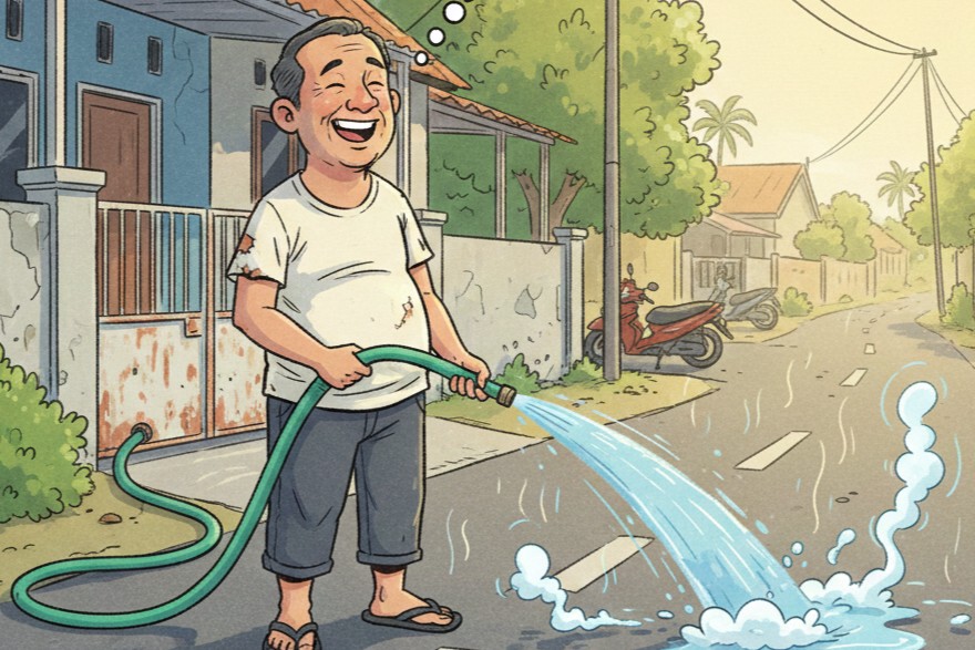 Bapak-bapak siram jalan (AI Generated/ Gemini)
