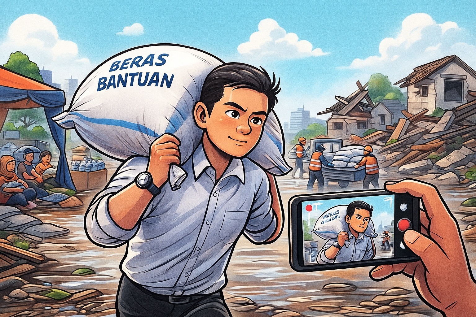 ilustrasi "pejabat catwalk" di lokasi bencana (AI Generated)