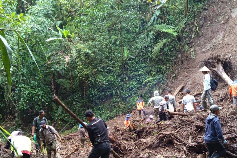 Material longsor dan pohon tumbang menutup aliran sungai di lereng Gunung Prau (foto: Pemkab Kendal)